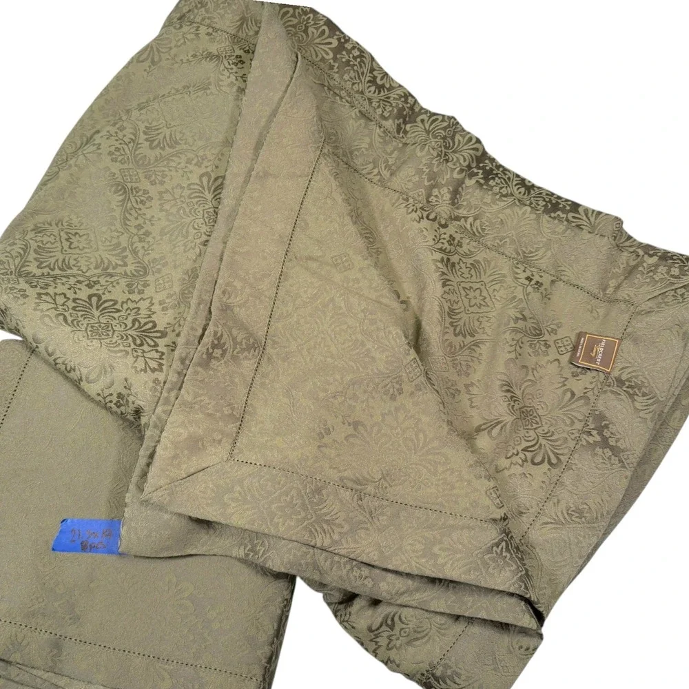 Fieldcrest Luxury 64x240 Olive Green Damask Tablecloth 8 Napkins Set Hemstitch
